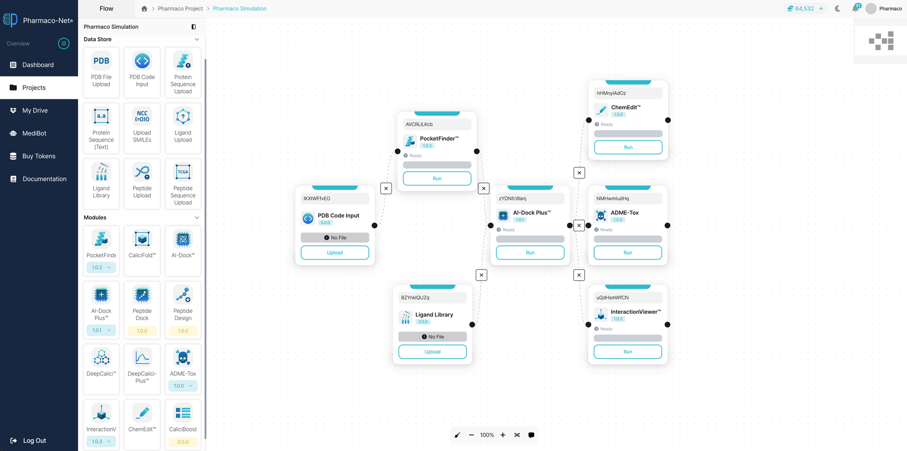 A Pharmaco-Net simulation canvas: PDB and ligand data stores feeding into connected PocketFinder, AI-Dock Plus, ADME-Tox, ChemEdit, and InteractionViewer module nodes.